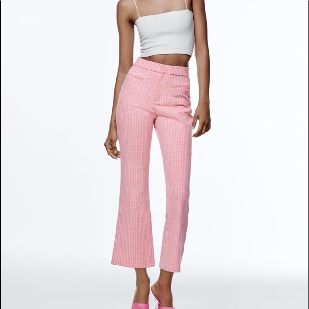 Zara Pink Gingham High-Rise Flared Pants
